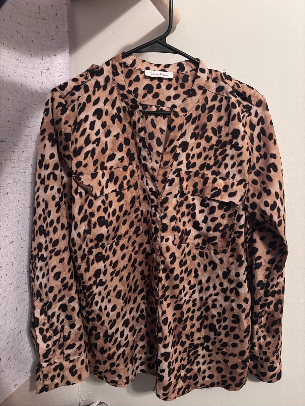 Calvin Klein Leopard Print Button-Down Blouse - Tan & Black